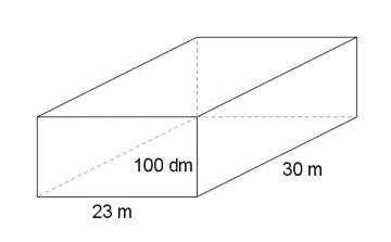 Rett, firkantet prisme med lengde 30 m, bredde 23 m og høyde 100 dm.